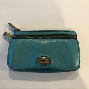 FOSSIL Wallet Womens Explorer Leather turquoise GCredit Card Zip Pockets